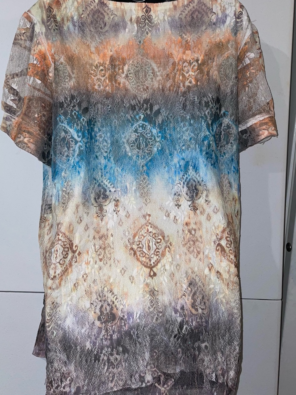Dressbarn Blue, Orange, Cream Ombre Medallion Blouse - Picture 2 of 7